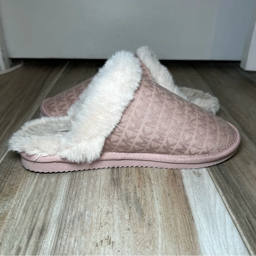 Michael Kors Janis Signature Logo Print, Faux Fur Lined Slippers, Pink, Womens 6